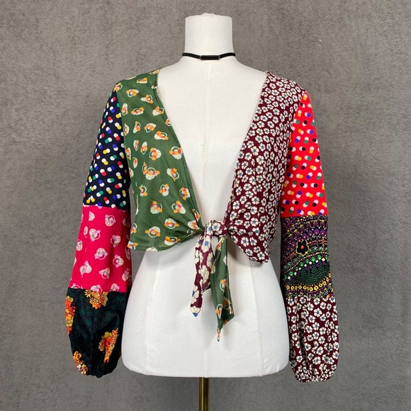 Sundays Child Tops - Vintage 70s Sundays Child Patchwork Boho Cropped Tie Front Top Size 11 L Hippie